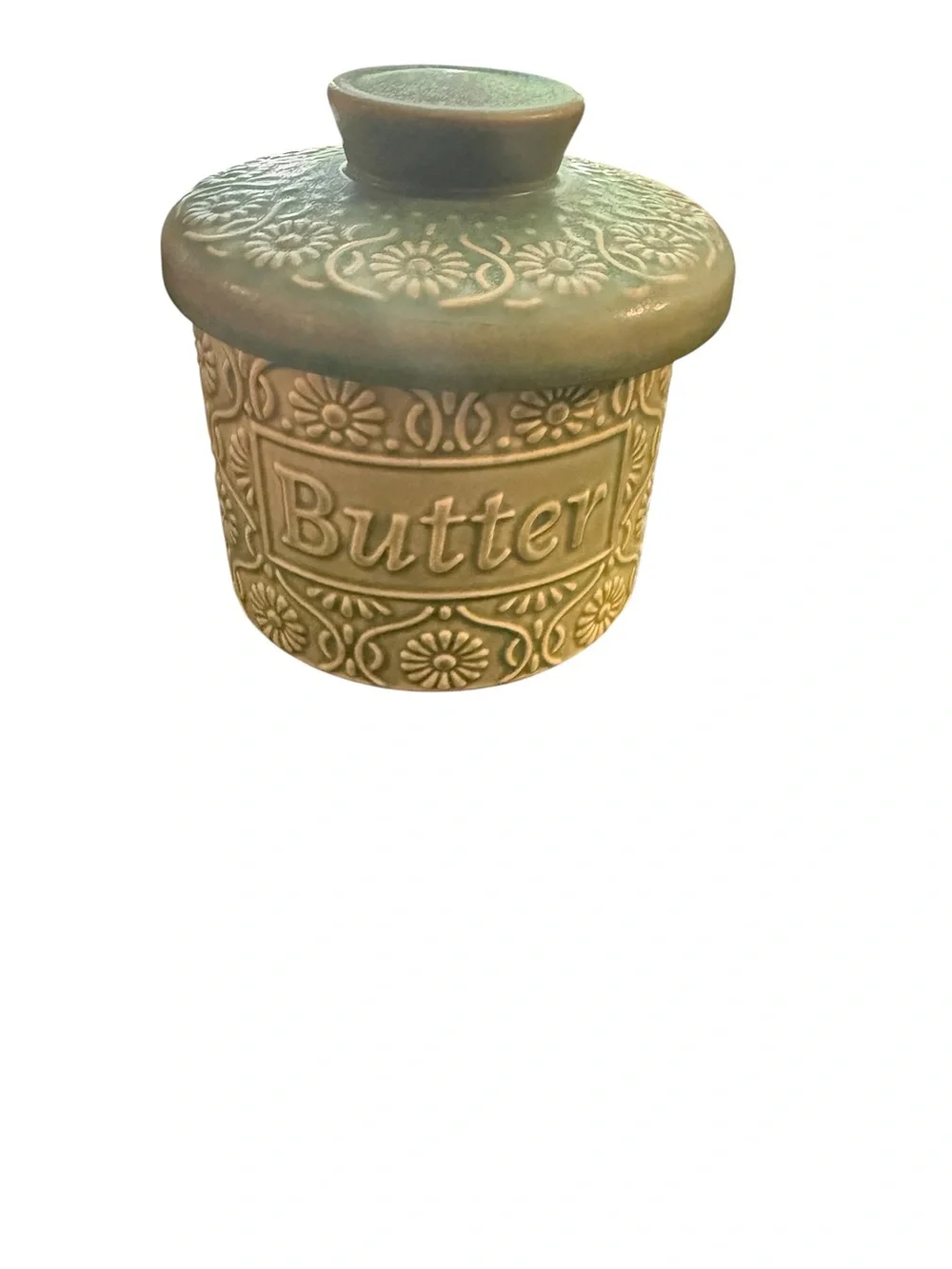 Vintage Style Sage Green Floral Ceramic Butter Bell Crock Farmhouse Cottage Kitc